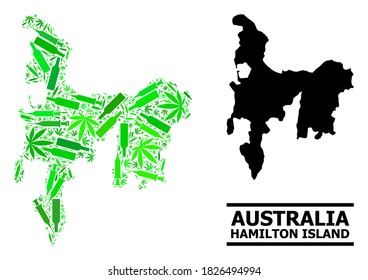 Drugs mosaic and usual map of Hamilton Island. Vector map of Hamilton Island is shaped from random vaccine symbols, weed and wine bottles.