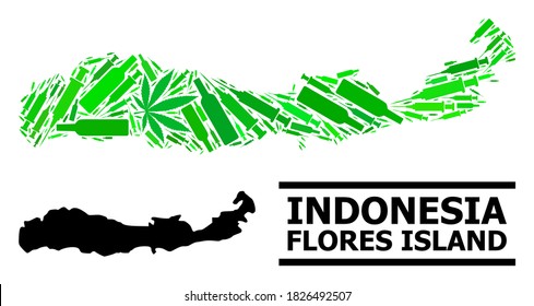 Drugs mosaic and usual map of Indonesia - Flores Island. Vector map of Indonesia - Flores Island is designed of randomized vaccine symbols, weed and wine bottles.