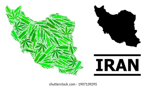 Drugs mosaic and usual map of Iran. Vector map of Iran is formed of random vaccine doses, narcotic and alcohol bottles. Abstract territorial plan in green colors for map of Iran.