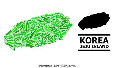 Drugs mosaic and usual map of Jeju Island. Vector map of Jeju Island is organized from random syringes, cannabis and drink bottles. Abstract geographic scheme in green colors for map of Jeju Island.