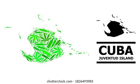 Drugs mosaic and usual map of Juventud Island. Vector map of Juventud Island is designed with random vaccine symbols, hemp and alcohol bottles.