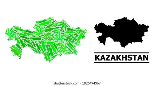 Drugs mosaic and usual map of Kazakhstan. Vector map of Kazakhstan is made from randomized syringes, narcotic and alcoholic bottles. Abstract territorial scheme in green colors for map of Kazakhstan.