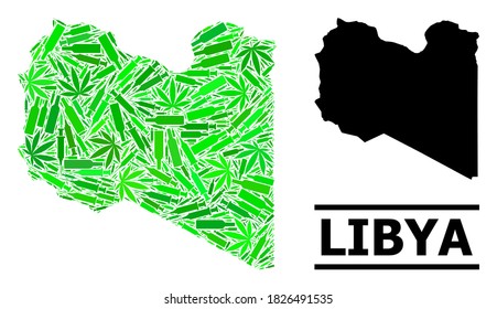 Mosaico de drogas y mapa usual de Libia. El mapa vectorial de Libia está hecho de jeringas al azar, botellas de droga y alcohol. Resumen del esquema territorial en colores verdes para el mapa de Libia.