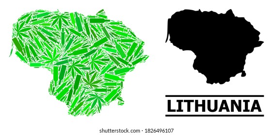 Drugs mosaic and usual map of Lithuania. Vector map of Lithuania is shaped from scattered inoculation icons, ganja and wine bottles. Abstract territory scheme in green colors for map of Lithuania.