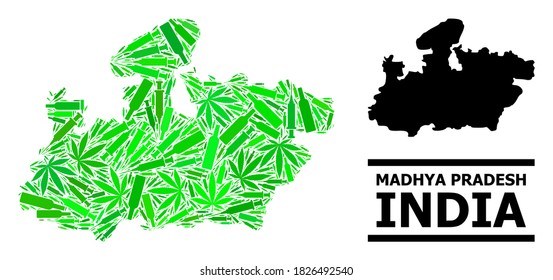Drugs mosaic and usual map of Madhya Pradesh State. Vector map of Madhya Pradesh State is formed with random vaccine symbols, herbal and alcohol bottles.
