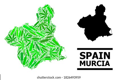 Drugs mosaic and usual map of Murcia Province. Vector map of Murcia Province is created from randomized injection needles, hemp and drink bottles.