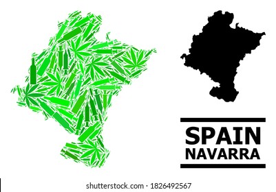 Drugs mosaic and usual map of Navarra Province. Vector map of Navarra Province is constructed with random inoculation icons, cannabis leaves and drink bottles.