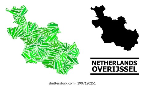 Drugs mosaic and usual map of Overijssel Province. Vector map of Overijssel Province is shaped with randomized vaccine doses, herbal and alcoholic bottles.