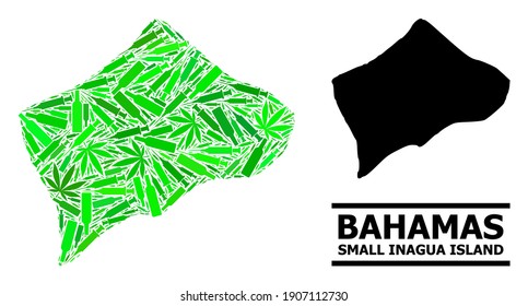 Drugs mosaic and usual map of Small Inagua Island. Vector map of Small Inagua Island is designed of random vaccine doses, cannabis leaves and wine bottles.