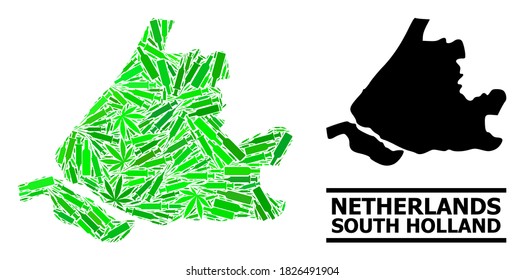 Drugs mosaic and usual map of South Holland. Vector map of South Holland is formed from scattered vaccine doses, narcotic and alcohol bottles.