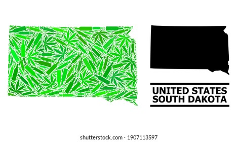 Drugs mosaic and usual map of South Dakota State. Vector map of South Dakota State is created with scattered vaccine doses, hemp and alcohol bottles.