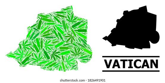 Drugs mosaic and usual map of Vatican. Vector map of Vatican is constructed of scattered vaccine symbols, addict and alcohol bottles. Abstract territorial scheme in green colors for map of Vatican.