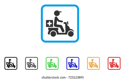 Drugs Motorbike Delivery icon. Flat iconic symbol in a rounded rectangular frame. Black, gray, green, blue, red, orange color additional versions of Drugs Motorbike Delivery vector.