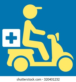 Drugs Motorbike Delivery vector icon. Style is bicolor flat symbol, yellow and white colors, rounded angles, blue background.