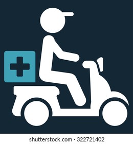 Drugs Motorbike Delivery vector icon. Style is bicolor flat symbol, blue and white colors, rounded angles, dark blue background.