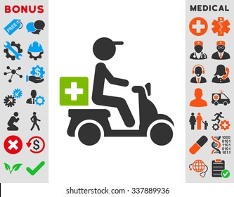 Drugs Motorbike Delivery vector icon with bonus. Style is bicolor flat symbol, eco green and gray colors, rounded angles, white background.