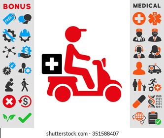 Drugs Motorbike Delivery vector icon. Style is bicolor flat symbol, intensive red and black colors, rounded angles, white background.