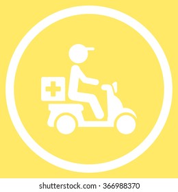 Drugs Motorbike Shipment vector icon. Style is flat circled symbol, white color, rounded angles, yellow background.