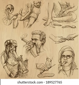 Drugs and Narcotics (vector pack no.2). Collection of an hand drawn illustrations (originals, no tracing). Each drawing comprises of two layers of outlines,the colored background is isolated.
