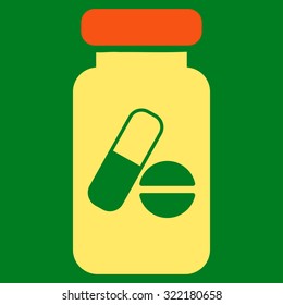 Drugs Phial vector icon. Style is bicolor flat symbol, orange and yellow colors, rounded angles, green background.