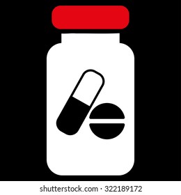 Drugs Phial vector icon. Style is bicolor flat symbol, red and white colors, rounded angles, black background.