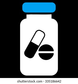 Drugs Phial vector icon. Style is bicolor flat symbol, blue and white colors, rounded angles, black background.