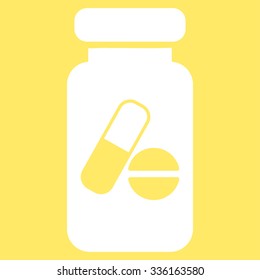 Drugs Phial vector icon. Style is flat symbol, white color, rounded angles, yellow background.