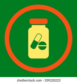 Drugs Phial vector icon. Style is bicolor flat rounded symbol, orange and yellow colors, rounded angles, green background.