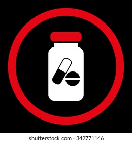 Drugs Phial vector icon. Style is bicolor flat rounded symbol, red and white colors, rounded angles, black background.