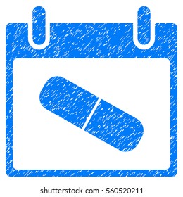 Drugs Pill Calendar Day grainy textured icon for overlay watermark stamps. Flat symbol with dust texture. Dotted vector blue ink rubber seal stamp with grunge design on a white background.