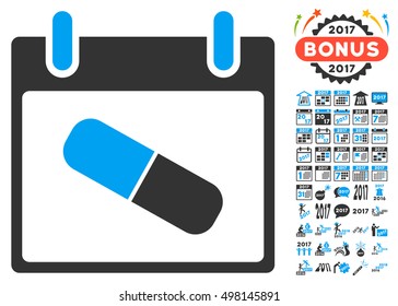 Drugs Pill Calendar Day icon with bonus calendar and time management images. Vector illustration style is flat iconic symbols, blue and gray colors, white background.