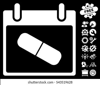 Drugs Pill Calendar Day icon with bonus service icon set. Vector illustration style is flat iconic symbols, white, black background.