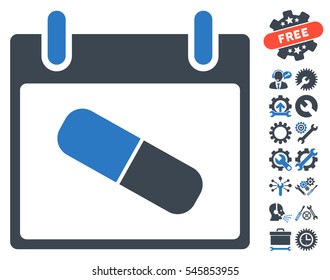 Drugs Pill Calendar Day icon with bonus settings icon set. Vector illustration style is flat iconic symbols, smooth blue, white background.