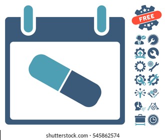 Drugs Pill Calendar Day icon with bonus service design elements. Vector illustration style is flat iconic symbols, cyan and blue, white background.