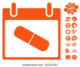 Drugs Pill Calendar Day icon with bonus service symbols. Vector illustration style is flat iconic symbols, orange, white background.