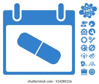 Drugs Pill Calendar Day pictograph with bonus configuration graphic icons. Vector illustration style is flat iconic symbols, cobalt, white background.