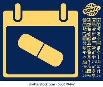 Drugs Pill Calendar Day pictograph with bonus calendar and time management pictograph collection. Vector illustration style is flat iconic symbols, yellow, blue background.
