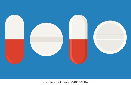 Drugs and Pills with flat color style design isolated on solid blue background. Medical pill or Tablet symbol. Vector Illustration