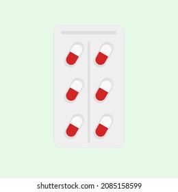 Drugs and pills. medical red and white treatment capsules. Pack of pills, Pack of capsules. Flat style vector illustration.