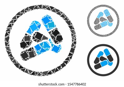 Drugs pills mosaic of raggy items in variable sizes and shades, based on drugs pills icon. Vector rough dots are united into collage. Drugs pills icons collage with dotted pattern.