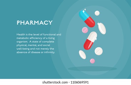 Drugs and pills on blue background. Medical background. Pharmacy vector illustration illustration 