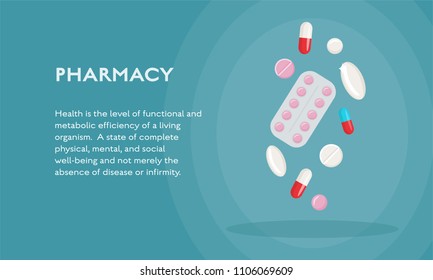 Drugs and pills on blue background. Medical background. Pharmacy vector illustration illustration 