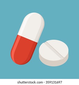 Drugs and Pills on blue background, Medical pill, Tablet symbol. Vector Illustration.