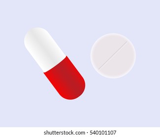 Drugs and Pills on blue background.Vector Illustration of capsule and tablet.