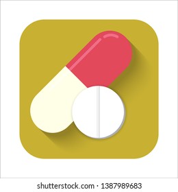 Drugs and Pills on gold background, Medical pill, flat icon symbol. Vector Illustration. 
