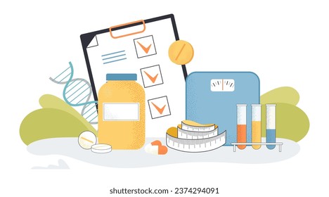 Medicamentos o píldoras y herramientas para perder la ilustración vectorial de peso. Dibujo de píldoras antiobesidad, equipo de laboratorio, escalas y cinta dosificadora. Obesidad, salud, farmacia, medicina, concepto de dieta