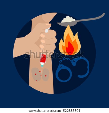 Drugs poster with human hand and injection, vector illustration