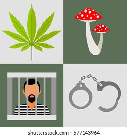 Drugs and prison vector icons set with handcuff, mushrooms and cannabis leaf.
