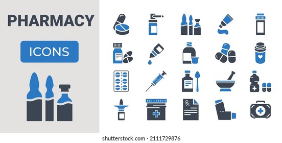 Juego de iconos de glifo vectores relacionados con drogas. Señales de drogas. Contiene íconos como pastillas, rociadores, jeringas, primeros auxilios, gel, receta, jarabe, almendras, pasta dental, cápsula, vitamina, inhalador, oropla ocular