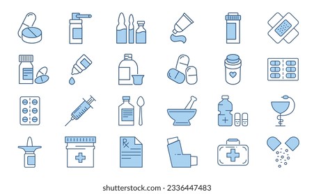Drugs Related Vector Icons set. Drugs signs. Contains such Icons as Pills, Spray, Syringe, First Aid, Gel, Recipe, Syrup, Pills Tube, Tooth Paste, Capsule, Vitamin, Inhaler, Eye Drops